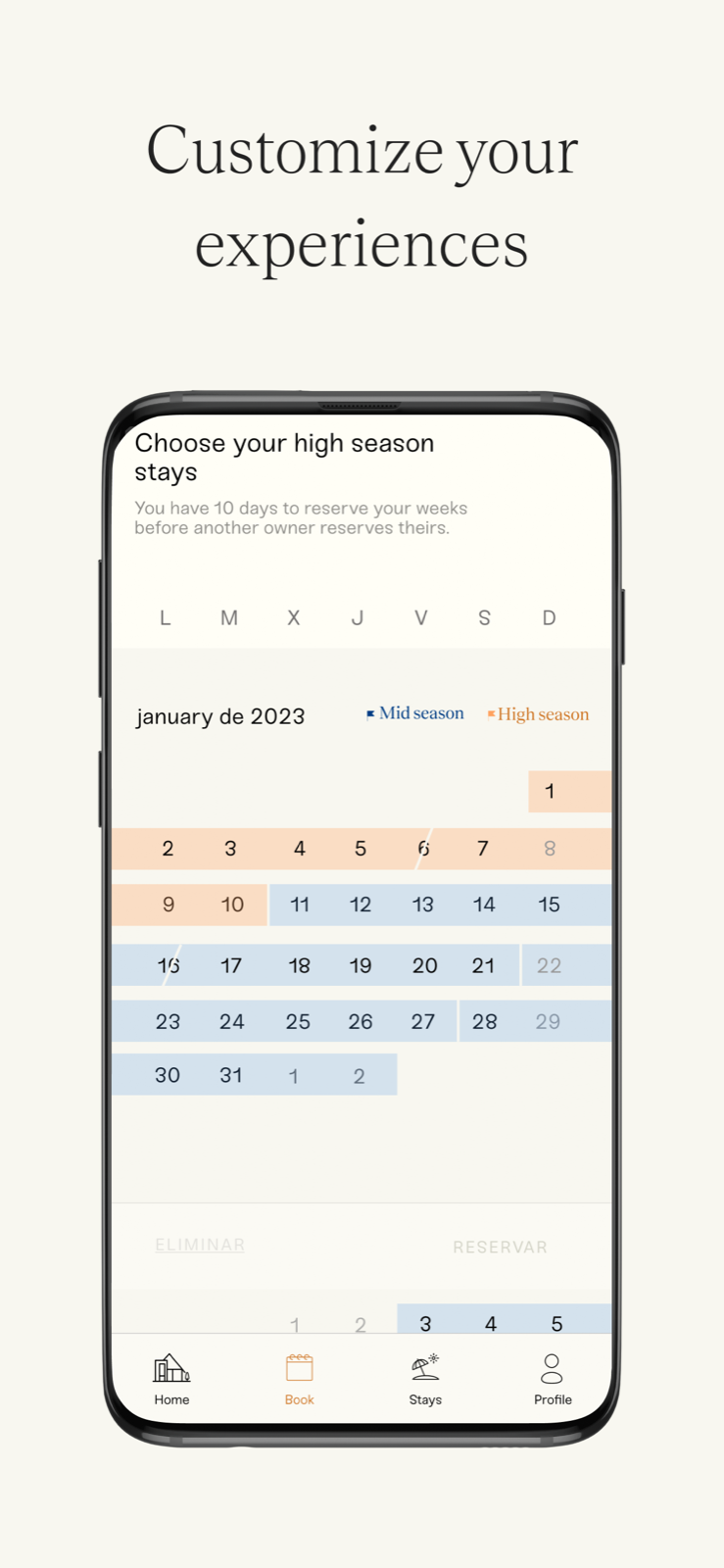 The VIVLA app booking calendar on a phone